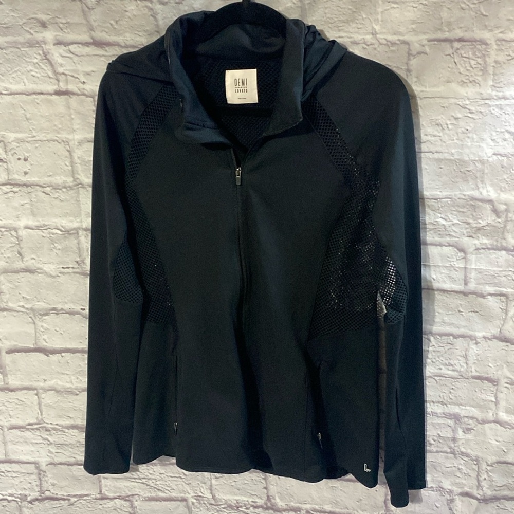 Fabletics Demi Lovato Hooded Black Athletic Jacket with Netting Size Large